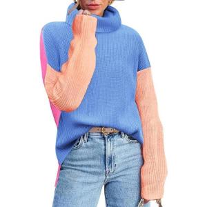 imageZeagoo Womens 2025 Fashion Turtleneck Sweaters Color Block Cozy Long Sleeve Casual Knit Pullover Oversized Loose Jumper TopsBlue