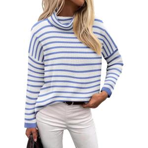 imageZeagoo Womens 2025 Fashion Turtleneck Sweaters Color Block Cozy Long Sleeve Casual Knit Pullover Oversized Loose Jumper TopsBlue and White Stripes