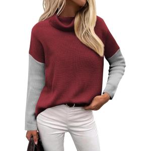 imageZeagoo Womens 2025 Fashion Turtleneck Sweaters Color Block Cozy Long Sleeve Casual Knit Pullover Oversized Loose Jumper TopsBrickred