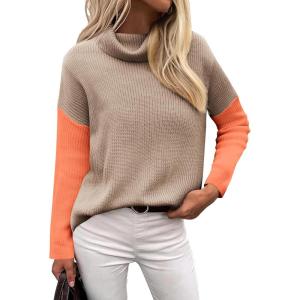 imageZeagoo Womens 2025 Fashion Turtleneck Sweaters Color Block Cozy Long Sleeve Casual Knit Pullover Oversized Loose Jumper TopsBrown