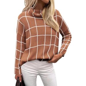 imageZeagoo Womens 2025 Fashion Turtleneck Sweaters Color Block Cozy Long Sleeve Casual Knit Pullover Oversized Loose Jumper TopsBrown Checkered