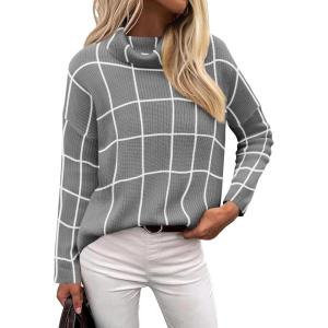 imageZeagoo Womens 2025 Fashion Turtleneck Sweaters Color Block Cozy Long Sleeve Casual Knit Pullover Oversized Loose Jumper TopsCheckered Gray