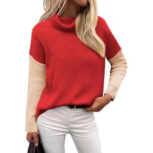 imageZeagoo Womens 2025 Fashion Turtleneck Sweaters Color Block Cozy Long Sleeve Casual Knit Pullover Oversized Loose Jumper TopsRedorange