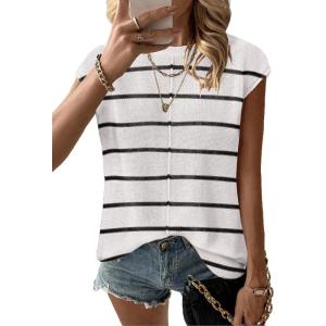 imageZeagoo Womens Cap Sleeve Sweater Vest Crew Neck Sleeveless Casual Knit Tops 2024 Summer Clothes SXXLA Stripe White