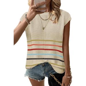 imageZeagoo Womens Cap Sleeve Sweater Vest Crew Neck Sleeveless Casual Knit Tops 2024 Summer Clothes SXXLColorful Stripes