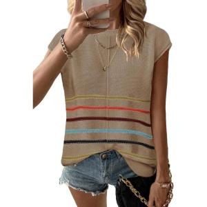 imageZeagoo Womens Cap Sleeve Sweater Vest Crew Neck Sleeveless Casual Knit Tops 2024 Summer Clothes SXXLColorful Stripes Khaki