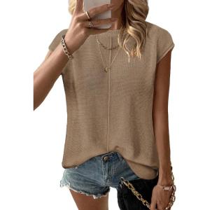 imageZeagoo Womens Cap Sleeve Sweater Vest Crew Neck Sleeveless Casual Knit Tops 2024 Summer Clothes SXXLKhaki
