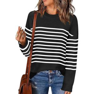 imageZeagoo Womens Crewneck Pullover Sweater Long Sleeve Knit Side Slit 2024 Fall Winter Sweater TopsBlack Stripe
