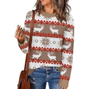 imageZeagoo Womens Crewneck Pullover Sweater Long Sleeve Knit Side Slit 2024 Fall Winter Sweater TopsElk Pattern