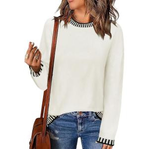 imageZeagoo Womens Crewneck Pullover Sweater Long Sleeve Knit Side Slit 2024 Fall Winter Sweater TopsWhite