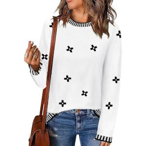 imageZeagoo Womens Crewneck Pullover Sweater Long Sleeve Knit Side Slit 2024 Fall Winter Sweater TopsWhite Floral