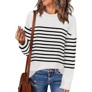 imageZeagoo Womens Crewneck Pullover Sweater Long Sleeve Knit Side Slit 2024 Fall Winter Sweater TopsWhite Stripe
