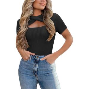 imageZeagoo Womens Short Sleeve T Shirts 2024 Summer Casual Knit Slim Fit Trendy Basic Cute Sweater TopsBlack