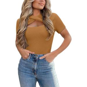 imageZeagoo Womens Short Sleeve T Shirts 2024 Summer Casual Knit Slim Fit Trendy Basic Cute Sweater TopsCamel