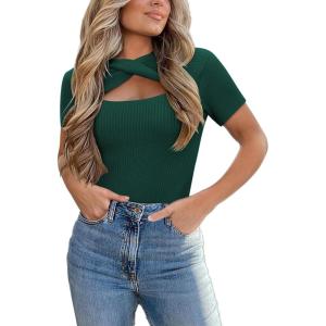 imageZeagoo Womens Short Sleeve T Shirts 2024 Summer Casual Knit Slim Fit Trendy Basic Cute Sweater TopsDark Green