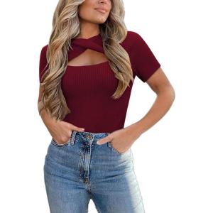 imageZeagoo Womens Short Sleeve T Shirts 2024 Summer Casual Knit Slim Fit Trendy Basic Cute Sweater TopsDark Red