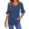 imageZeagoo Womens Tops Casual V Neck Shirts Floral Solid Blouse Ruffle Tunics 34 Sleeve Tshirt SXXLBlue