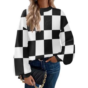 imageZeagoo Sweaters for Women 2025 Fashion Trendy Long Sleeve Turtleneck Pullover Lantern Knit Sweater TopsBlackplaid