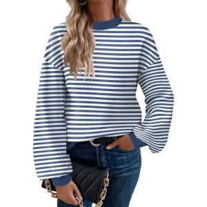 imageZeagoo Sweaters for Women 2025 Fashion Trendy Long Sleeve Turtleneck Pullover Lantern Knit Sweater TopsBlue Striped