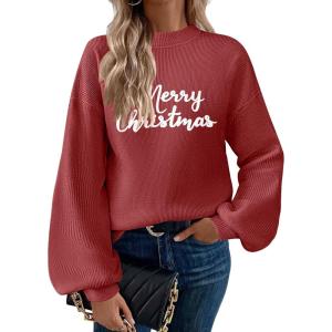 imageZeagoo Sweaters for Women 2025 Fashion Trendy Long Sleeve Turtleneck Pullover Lantern Knit Sweater TopsChristmas Red