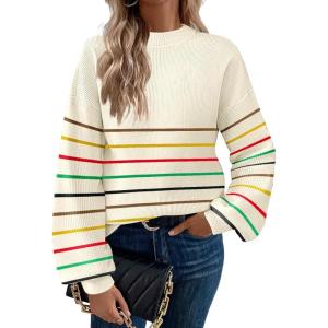 imageZeagoo Sweaters for Women 2025 Fashion Trendy Long Sleeve Turtleneck Pullover Lantern Knit Sweater TopsColorful Striped