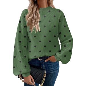imageZeagoo Sweaters for Women 2025 Fashion Trendy Long Sleeve Turtleneck Pullover Lantern Knit Sweater TopsGreen Polka Dot