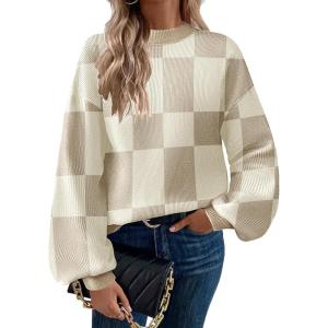 imageZeagoo Sweaters for Women 2025 Fashion Trendy Long Sleeve Turtleneck Pullover Lantern Knit Sweater TopsKhakiplaid