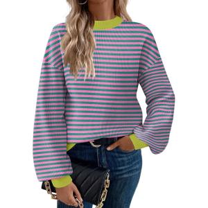 imageZeagoo Sweaters for Women 2025 Fashion Trendy Long Sleeve Turtleneck Pullover Lantern Knit Sweater TopsPink Striped
