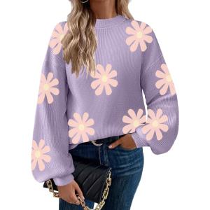 imageZeagoo Sweaters for Women 2025 Fashion Trendy Long Sleeve Turtleneck Pullover Lantern Knit Sweater TopsPurpleflower