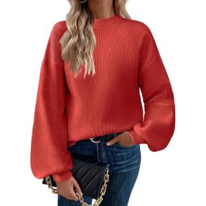 imageZeagoo Sweaters for Women 2025 Fashion Trendy Long Sleeve Turtleneck Pullover Lantern Knit Sweater TopsSolid Red