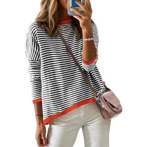 imageZeagoo Sweaters for Women Fall Outfits Trendy 2024 Long Sleeve Crew Neck Knit Pullover Sweater TopsBstriped Black