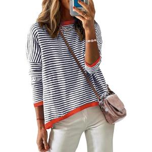 imageZeagoo Sweaters for Women Fall Outfits Trendy 2024 Long Sleeve Crew Neck Knit Pullover Sweater TopsBstriped Blue