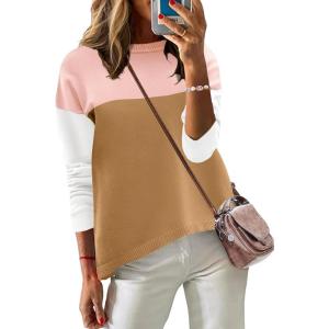 imageZeagoo Sweaters for Women Fall Outfits Trendy 2024 Long Sleeve Crew Neck Knit Pullover Sweater TopsColor Block 2 Pink