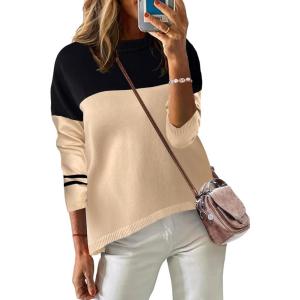 imageZeagoo Sweaters for Women Fall Outfits Trendy 2024 Long Sleeve Crew Neck Knit Pullover Sweater TopsColor Block 4 Black