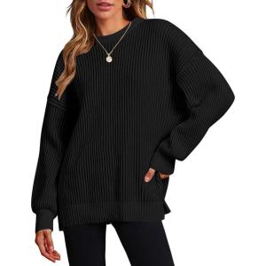 imageZeagoo Women 2024 Winter Oversized Sweater Crew Neck Long Sleeve Color Block Pullover Rib Knit Blouse Tops XS2XLAll Black