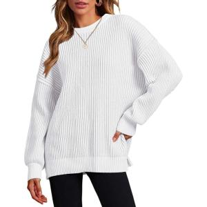 imageZeagoo Women 2024 Winter Oversized Sweater Crew Neck Long Sleeve Color Block Pullover Rib Knit Blouse Tops XS2XLAll White