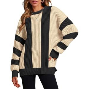 imageZeagoo Women 2024 Winter Oversized Sweater Crew Neck Long Sleeve Color Block Pullover Rib Knit Blouse Tops XS2XLApricot Black Stripe
