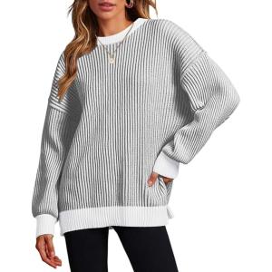 imageZeagoo Women 2024 Winter Oversized Sweater Crew Neck Long Sleeve Color Block Pullover Rib Knit Blouse Tops XS2XLBlack