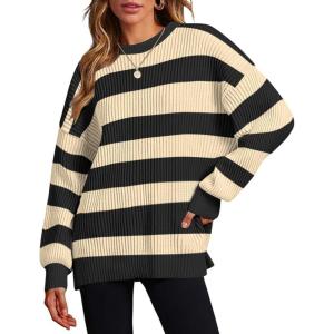 imageZeagoo Women 2024 Winter Oversized Sweater Crew Neck Long Sleeve Color Block Pullover Rib Knit Blouse Tops XS2XLBlack Apricot Stripe