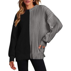 imageZeagoo Women 2024 Winter Oversized Sweater Crew Neck Long Sleeve Color Block Pullover Rib Knit Blouse Tops XS2XLBlack Gray
