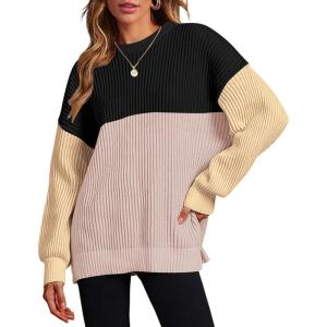 imageZeagoo Women 2024 Winter Oversized Sweater Crew Neck Long Sleeve Color Block Pullover Rib Knit Blouse Tops XS2XLBlack Pink