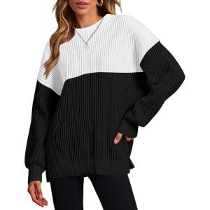 imageZeagoo Women 2024 Winter Oversized Sweater Crew Neck Long Sleeve Color Block Pullover Rib Knit Blouse Tops XS2XLBlack and White