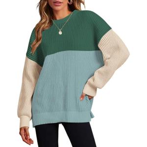 imageZeagoo Women 2024 Winter Oversized Sweater Crew Neck Long Sleeve Color Block Pullover Rib Knit Blouse Tops XS2XLBlue Green