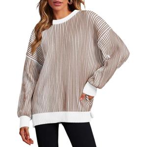 imageZeagoo Women 2024 Winter Oversized Sweater Crew Neck Long Sleeve Color Block Pullover Rib Knit Blouse Tops XS2XLBrown