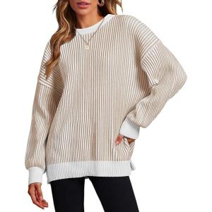 imageZeagoo Women 2024 Winter Oversized Sweater Crew Neck Long Sleeve Color Block Pullover Rib Knit Blouse Tops XS2XLBrown Khaki