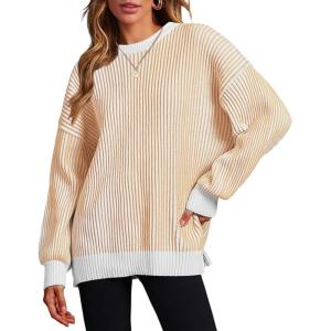 imageZeagoo Women 2024 Winter Oversized Sweater Crew Neck Long Sleeve Color Block Pullover Rib Knit Blouse Tops XS2XLKhaki