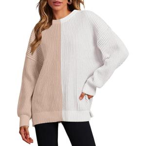 imageZeagoo Women 2024 Winter Oversized Sweater Crew Neck Long Sleeve Color Block Pullover Rib Knit Blouse Tops XS2XLKhaki Gray