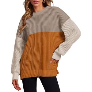 imageZeagoo Women 2024 Winter Oversized Sweater Crew Neck Long Sleeve Color Block Pullover Rib Knit Blouse Tops XS2XLKhaki Orange