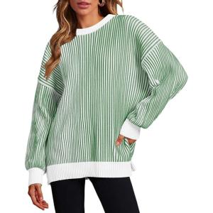 imageZeagoo Women 2024 Winter Oversized Sweater Crew Neck Long Sleeve Color Block Pullover Rib Knit Blouse Tops XS2XLLight Green