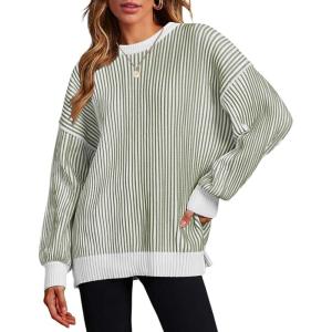 imageZeagoo Women 2024 Winter Oversized Sweater Crew Neck Long Sleeve Color Block Pullover Rib Knit Blouse Tops XS2XLLightgreen